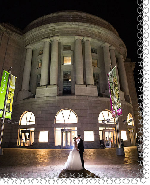 Nighttime shot of couple outside Ronald Reagan Building